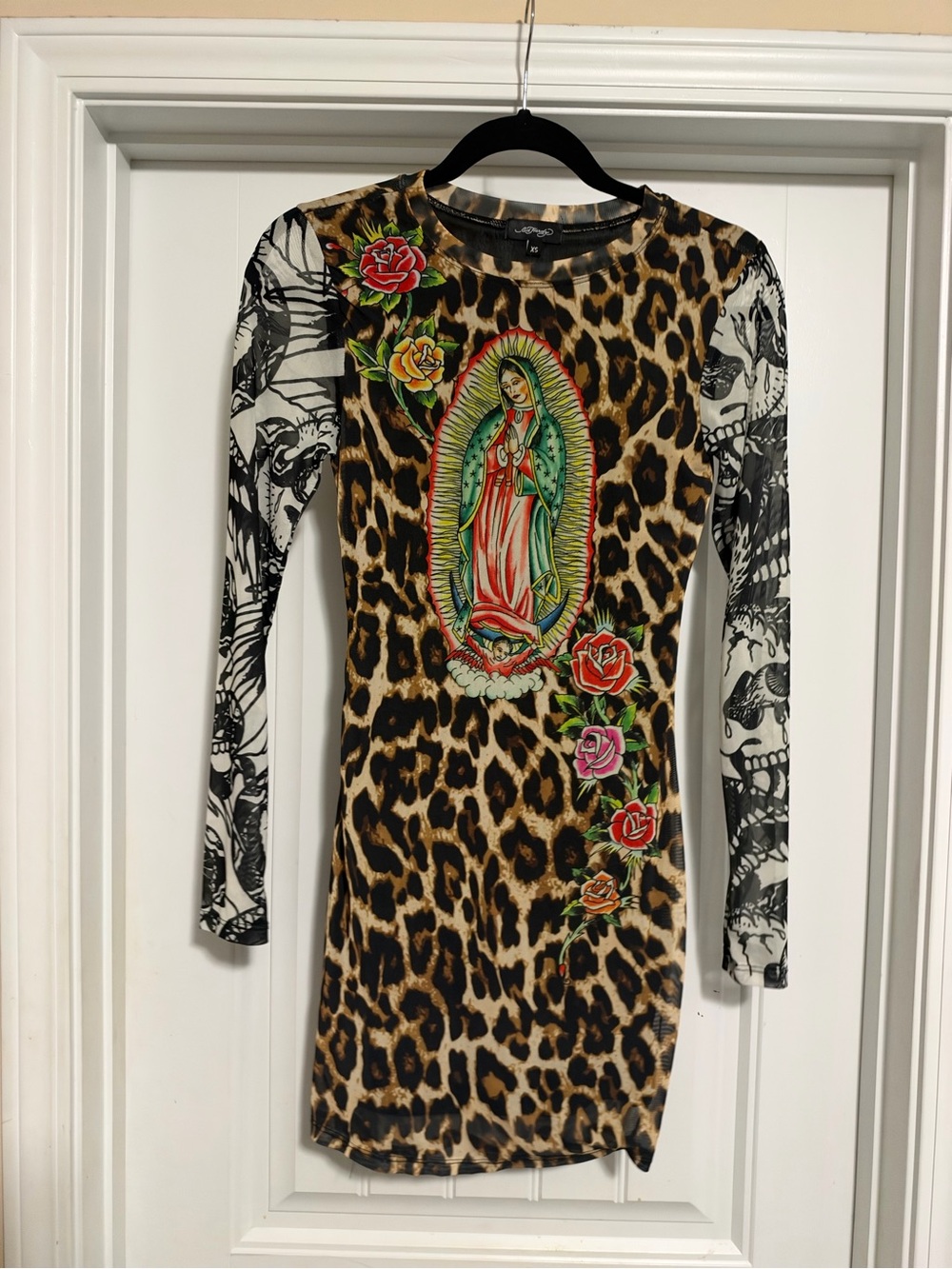 Ed Hardy Leopard Print Long Sleeve Dress with Rose & Religious Graphic - Brown